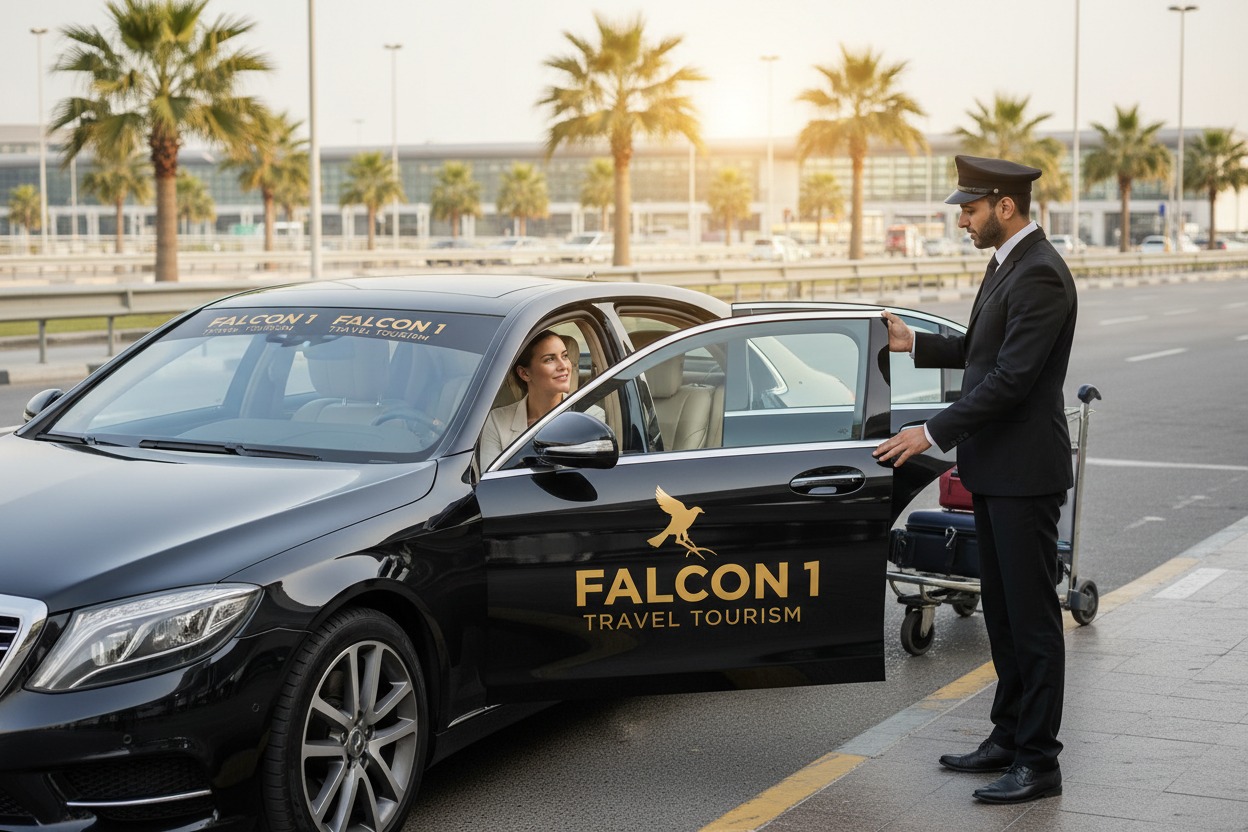 make a pic with logo FALCON 1 TRAVEL TOURISM ON THE CAR ANd clinet are sitting in the car or driver stand out side hold the door